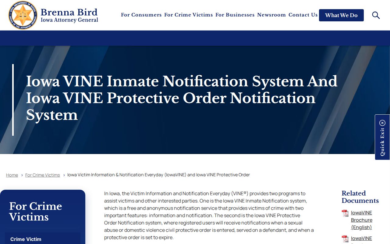 Iowa Attorney General IowaVINE custody notification information