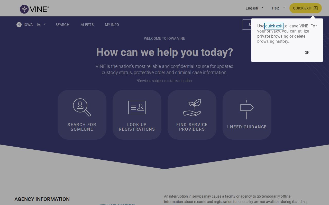 Iowa VINELink person and custody identifier search screen