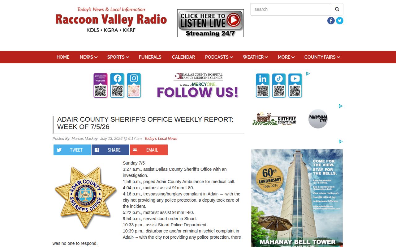 Raccoon Valley Radio Adair County weekly Sheriff activity report
