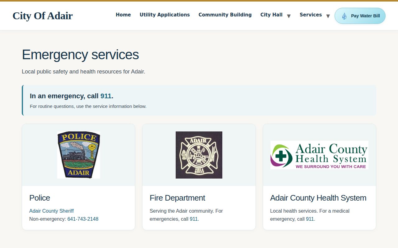 City of Adair emergency services page for Adair recent arrest police context