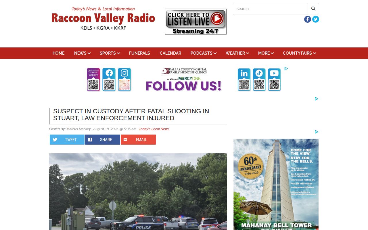 Raccoon Valley Radio report illustrating multi-agency Stuart arrest and custody coverage