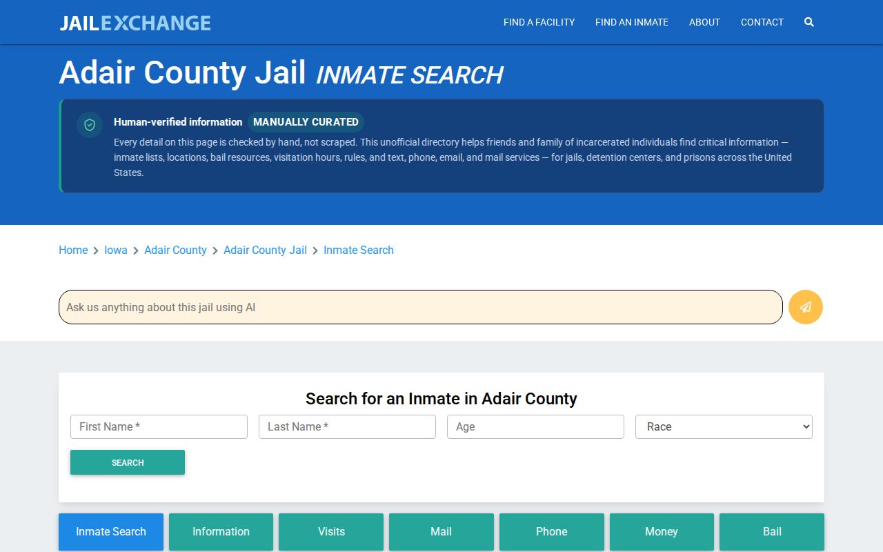Unofficial Adair County jail directory page requiring official verification